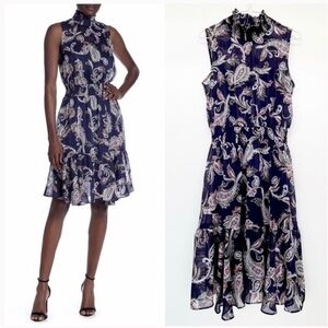 Nanette Lepore Navy Paisley Mockneck Sleeveless Midi Dress | 6 | Classy 70’s